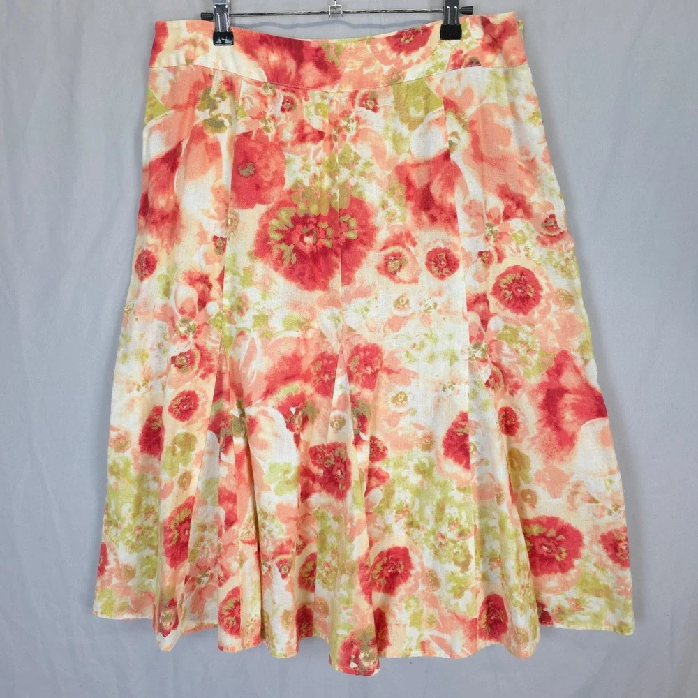 Watercolor Floral Linen Skirt Peach Coral Boho Flowy Midi Women 12 JM Collection